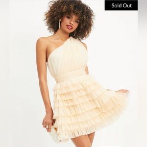 Hello Lover One Shoulder Tiered Tulle Mini Dress- Cream